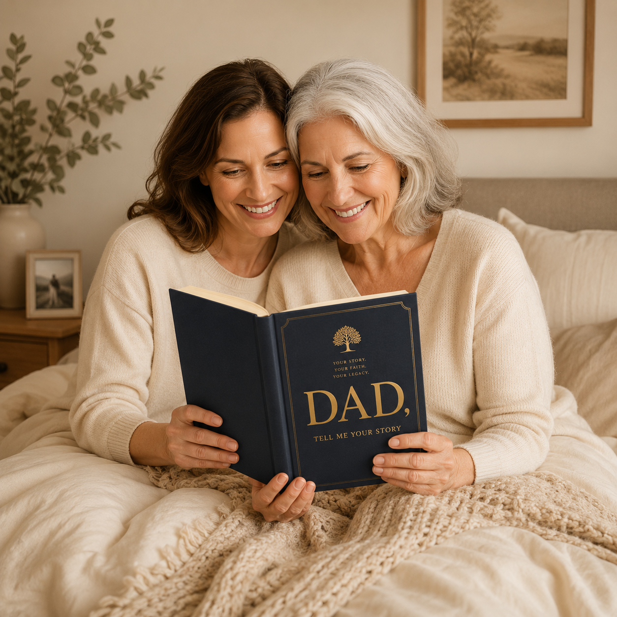 A mother and daughter reading a guided memory journal together